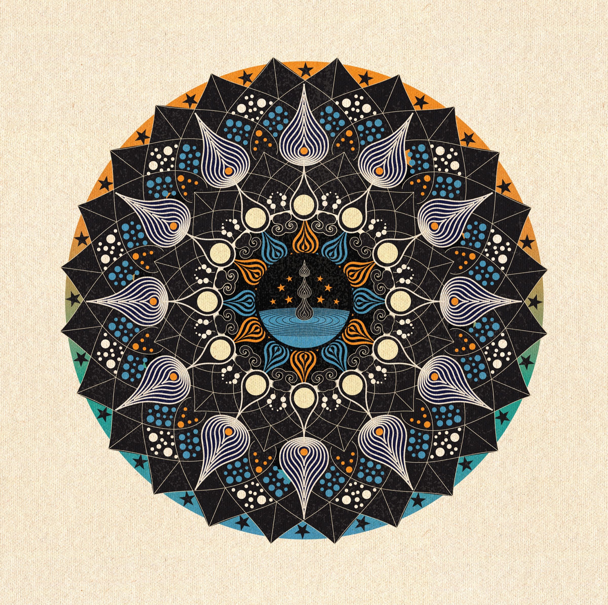 Mandala artwork by Natalie Muir: a star-pointed wheel of blue and white petals around a single drop falling into water under a starry sky.
