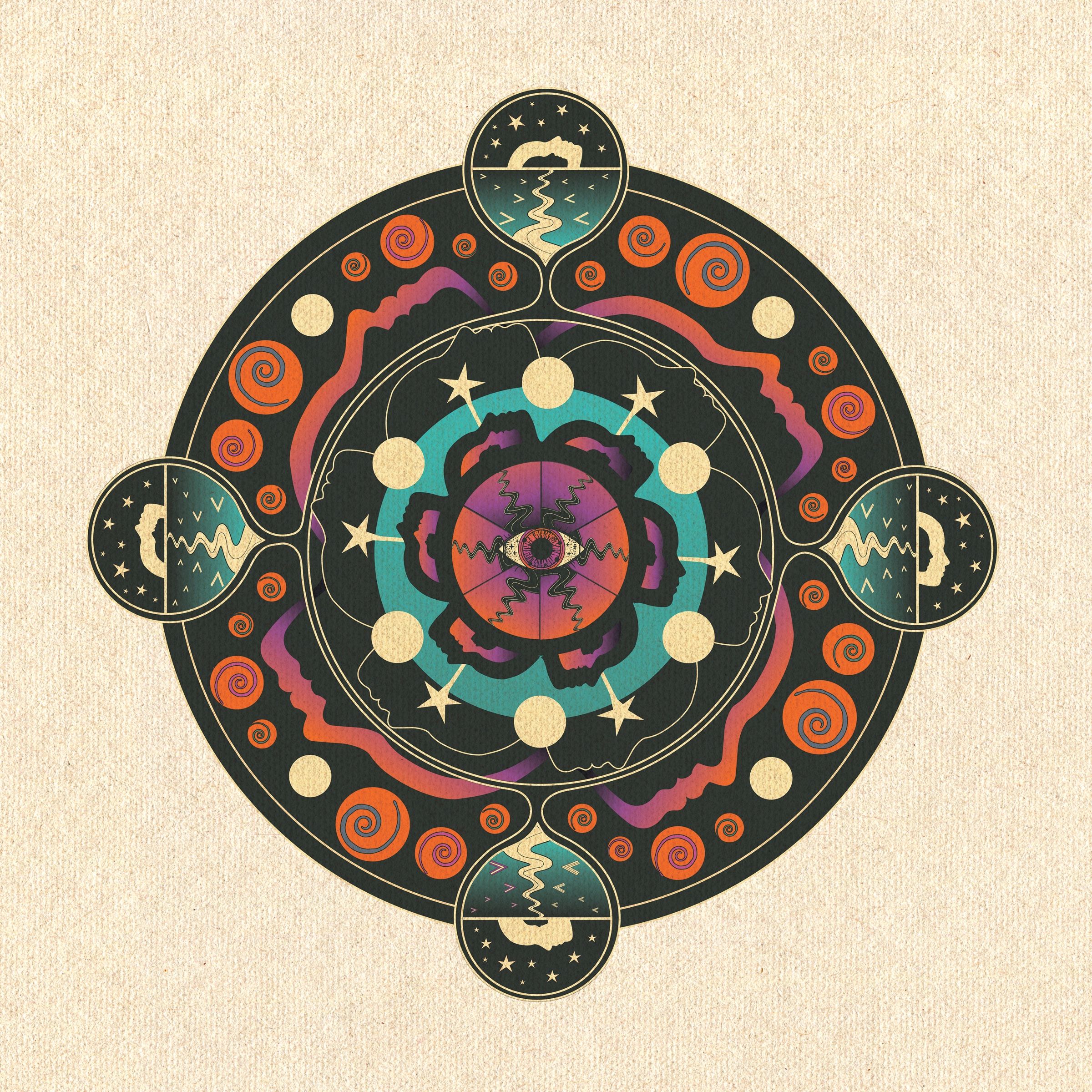 Mandala artwork by Natalie Muir: an eye at the center of an orange disc, ringed by teal, profiles, stars and orange spirals on deep green-black.