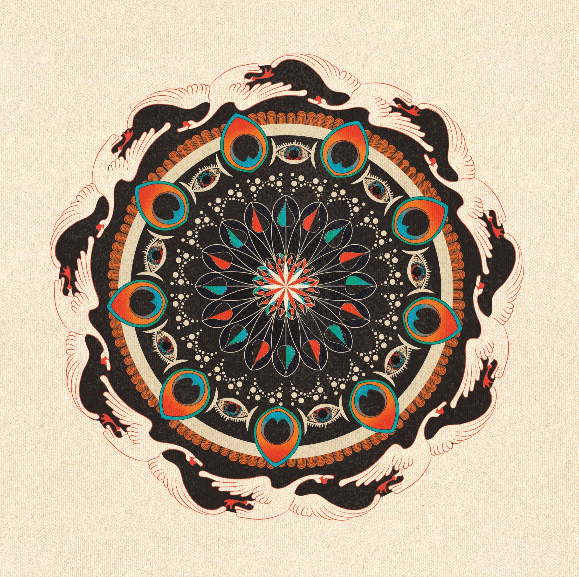 Mandala artwork by Natalie Muir: a ring of orange and teal peacock-feather eyes around a fine linework flower, circled by flying birds.