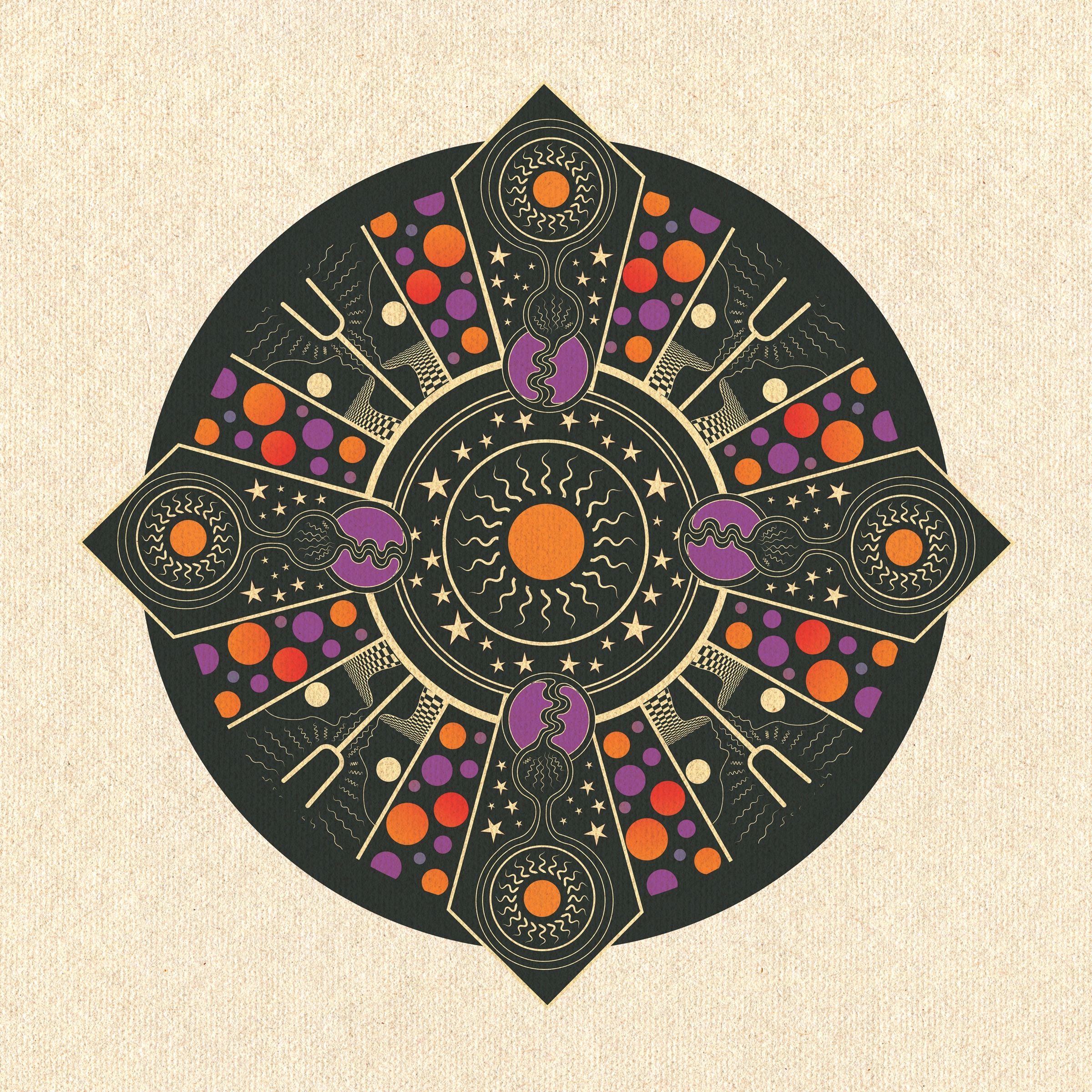 Mandala artwork by Natalie Muir: an orange sun inside a ring of stars, with four long rays of planets, waves and faces reaching outward.